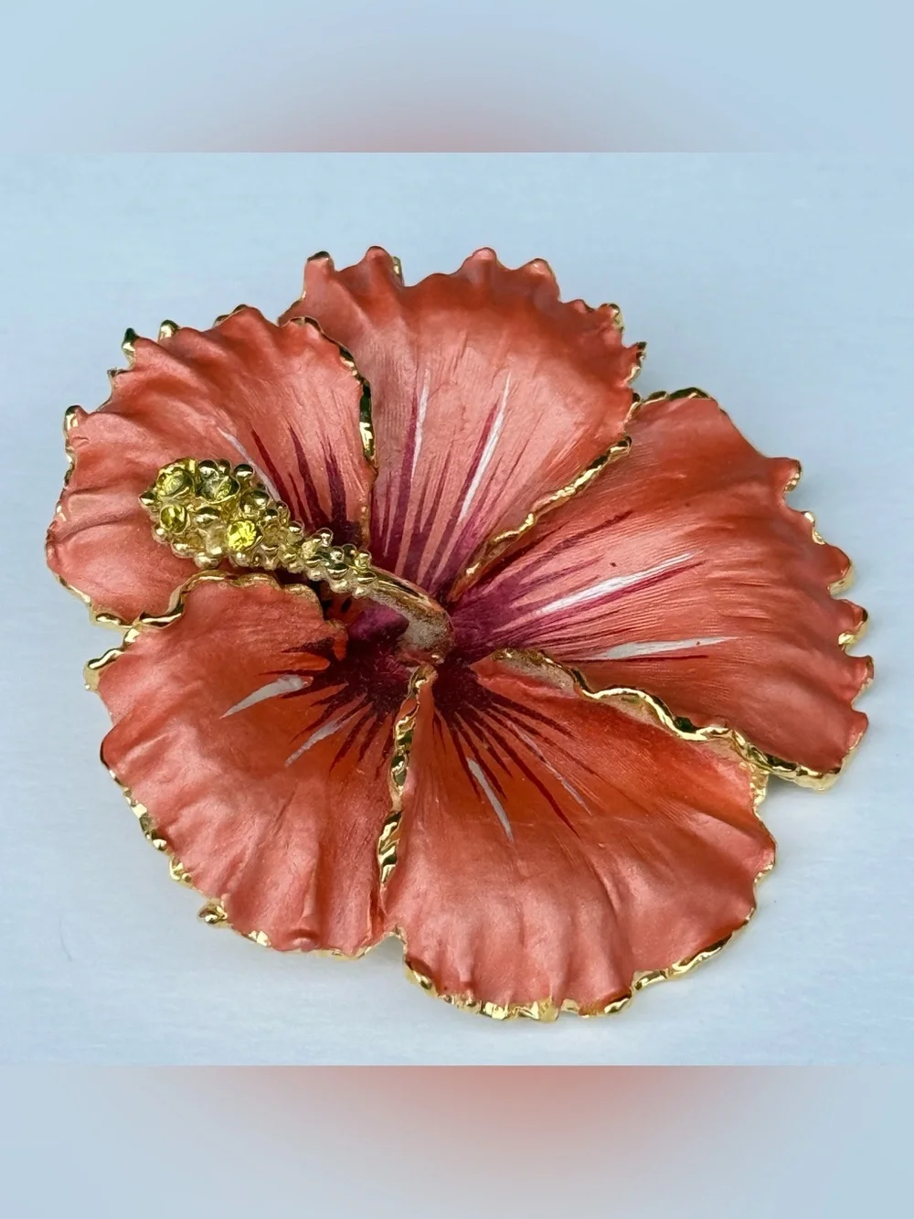 VINTAGE GOLD TONE PINK ENAMELED HIBISCUS FLOWER PIN BROOCH Pendant Flower Floral